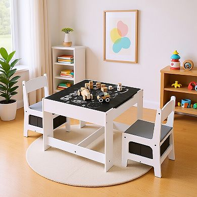 GOMYHOME Kids 3-in-1 Activity Table and 2 Chair Set with Storage Bins, Chalkboard & Play Sand Table