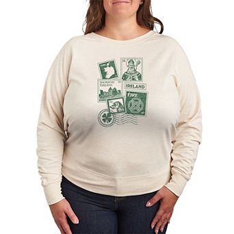 Plus Size Distressed Ireland Stamps Collage French Terry Long Sleeve Tee