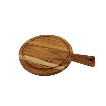 EcoDecors 14" Round Teak Cutting Board with Handle, FSC Certified Solid Wood
