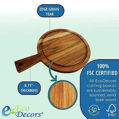 EcoDecors 14" Round Teak Cutting Board with Handle, FSC Certified Solid Wood