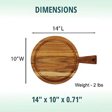 EcoDecors 14" Round Teak Cutting Board with Handle, FSC Certified Solid Wood