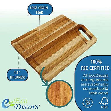 EcoDecors 18"x14" Teak Cutting Board, Edge Grain Wood with Juice Groove & Corner Handle