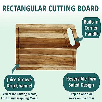 EcoDecors 18"x14" Teak Cutting Board, Edge Grain Wood with Juice Groove & Corner Handle