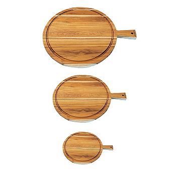 EcoDecors 3 pc Round Teak Cutting Board Set with Handle, FSC Certified Teak Wood