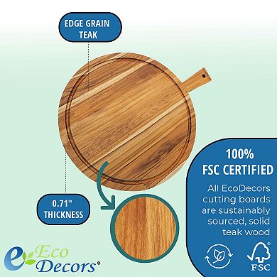 EcoDecors 3 Piece Round Teak Cutting Board Set with Handle, FSC Certified Teak Wood