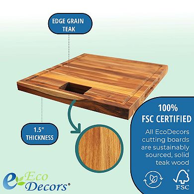 EcoDecors, Teak Edge Grain Cutting Board 17"x18", Waste Slot and Handles