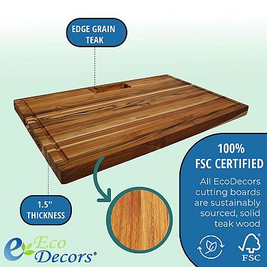 EcoDecors, Teak Edge Grain Cutting Board 29"x18" with Juice Groove, Handles & Waste Chute