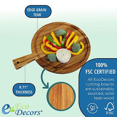 EcoDecors 16" Round Teak Cutting Board with Handle, FSC Certified Solid Wood