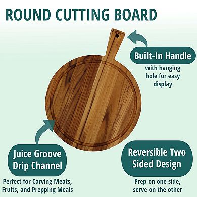 EcoDecors 16" Round Teak Cutting Board with Handle, FSC Certified Solid Wood