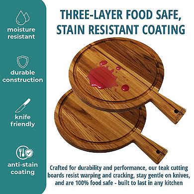 EcoDecors 16" Round Teak Cutting Board with Handle, FSC Certified Solid Wood