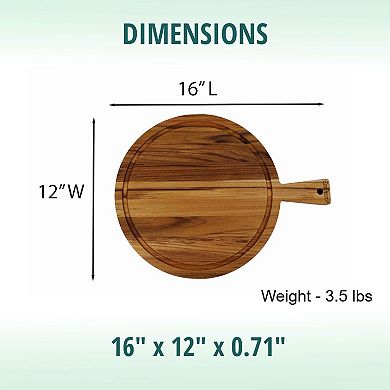 EcoDecors 16" Round Teak Cutting Board with Handle, FSC Certified Solid Wood