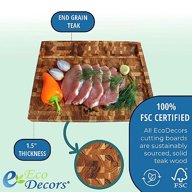 EcoDecors FSC Certified Solid End Grain Teak Wood Cutting Board 24" x 18"