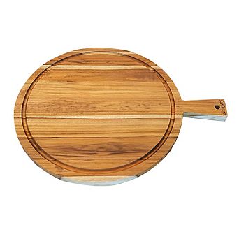 EcoDecors 18" Round Edge Grain Teak Cutting Board with Handle