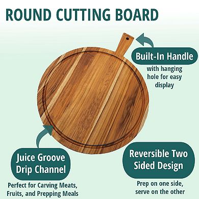 EcoDecors 18" Round Edge Grain Teak Cutting Board with Handle