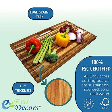 EcoDecors, Teak Edge Grain Cutting Board 34"x20" with Juice Groove, Handles & Waste Chute