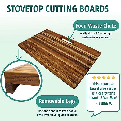 EcoDecors, Teak Edge Grain Cutting Board 34"x20" with Juice Groove, Handles & Waste Chute