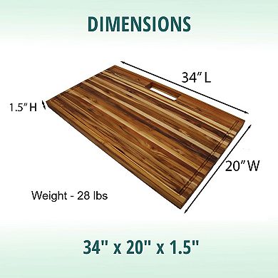 EcoDecors, Teak Edge Grain Cutting Board 34"x20" with Juice Groove, Handles & Waste Chute