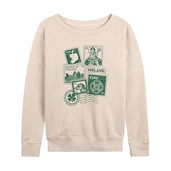 Women's Distressed Ireland Stamps Collage French Terry Long Sleeve Tee