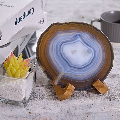 Luxury Lane Large Natural Brazilian Agate Drink Coaster with Wood Holder