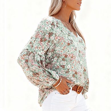 Women's Floral Print Chiffon Blouse V-Neck Lantern Sleeve Top