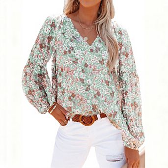 Women's Floral Print Chiffon Blouse V-Neck Lantern Sleeve Top