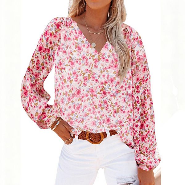 Marigold Floral Blouse – Fall Print, Puff Sleeves, V-Neck