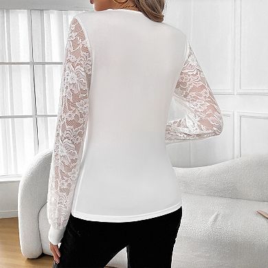 Women's Lace Long Sleeve Top Rhinestone V-Neck Blouse Floral Lace Sleeves Pullover