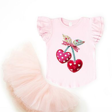 Cherry Hearts Patchwork Print - Flutter Sleeve Graphic T-Shirt