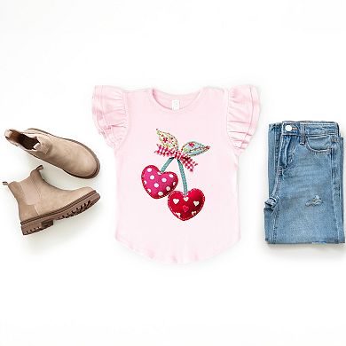 Cherry Hearts Patchwork Print - Flutter Sleeve Graphic T-Shirt