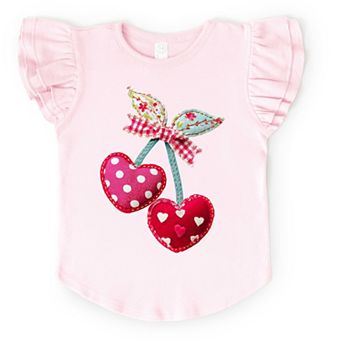 Cherry Hearts Patchwork Print - Flutter Sleeve Graphic T-Shirt