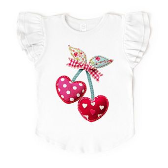 Cherry Hearts Patchwork Print - Flutter Sleeve Graphic T-Shirt