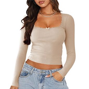 Women's Slim Fit Lace Trim U - Neck Ribbed Top, Cute Cropped Long Sleeve Blouse