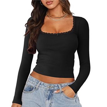Women's Slim Fit Lace Trim U - Neck Ribbed Top, Cute Cropped Long Sleeve Blouse