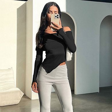 Women's Off Shoulder Top Long Bell Sleeve Slim Fit Blouse Off-Shoulder Shirt