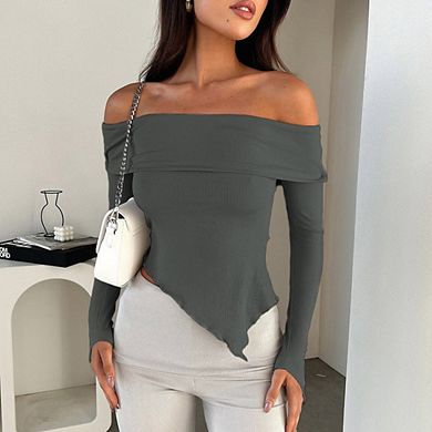 Women's Off Shoulder Top Long Bell Sleeve Slim Fit Blouse Off-Shoulder Shirt