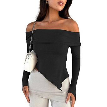 Women's Off Shoulder Top Long Bell Sleeve Slim Fit Blouse Off-Shoulder Shirt