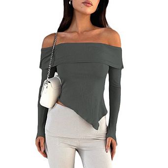 Women's Off Shoulder Top Long Bell Sleeve Slim Fit Blouse Off-Shoulder Shirt