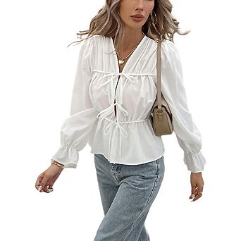 Women's Tie-Front Peplum Blouse V-Neck Puff Sleeve Ruffle Cuff Top