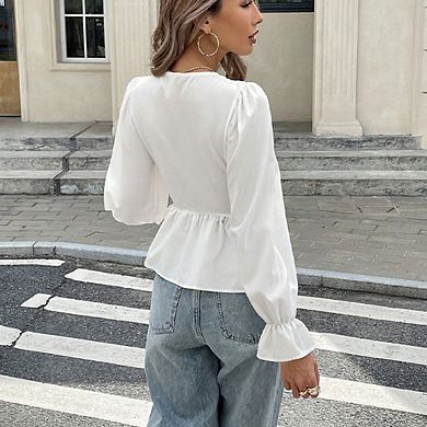 Women's Tie-Front Peplum Blouse V-Neck Puff Sleeve Ruffle Cuff Top