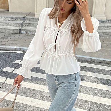 Women's Tie-Front Peplum Blouse V-Neck Puff Sleeve Ruffle Cuff Top