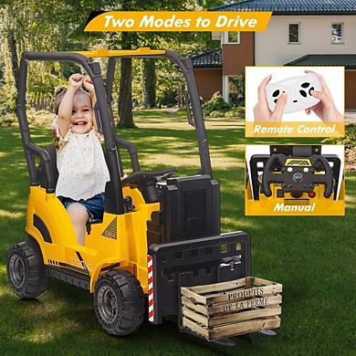12V Kids Ride On Forklift Car w/Tent, Electric Toy w/Remote,Liftable Fork & Pallet,2 Speeds,Music