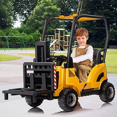 12V Kids Ride On Forklift Car w/Tent, Electric Toy w/Remote,Liftable Fork & Pallet,2 Speeds,Music