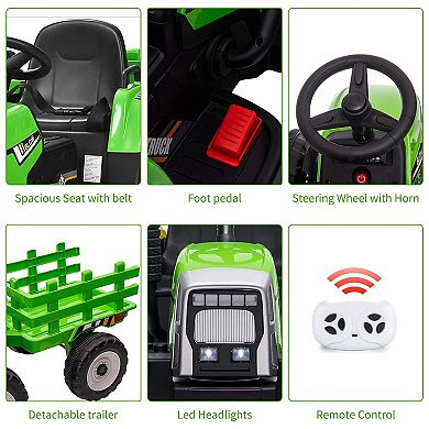 12V Kids Electric Tractor with Trailer, Ride On Car w/Remote, LED Lights, 3-Speed, Tread Tires,25W