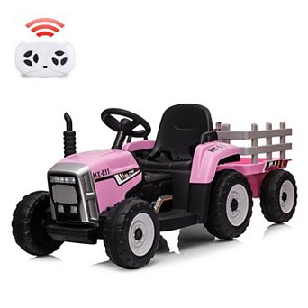 12V Kids Electric Tractor with Trailer, Ride On Car w/Remote, LED Lights, 3-Speed, Tread Tires,25W