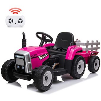 12V Kids Electric Tractor with Trailer, Ride On Car w/Remote, LED Lights, 3-Speed, Tread Tires,25W