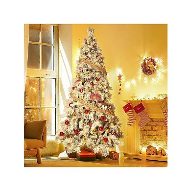Prelit Snow Flocked Spruce Artificial Christmas Tree with Incandescent Warm White Lights & Foldable