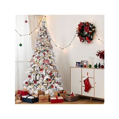 Prelit Snow Flocked Spruce Artificial Christmas Tree with Incandescent Warm White Lights & Foldable