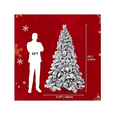 Prelit Snow Flocked Spruce Artificial Christmas Tree with Incandescent Warm White Lights & Foldable