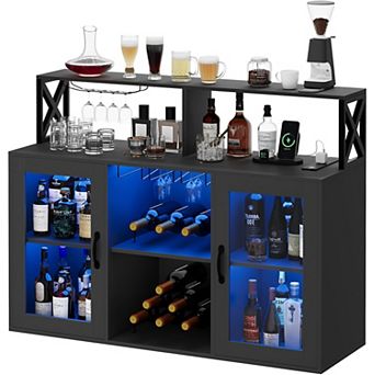 Farmhouse Wine Bar with Power Outlets & LED Light, Freestanding Buffet with Wine Rack & Storage