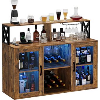 Farmhouse Wine Bar with Power Outlets & LED Light, Freestanding Buffet with Wine Rack & Storage